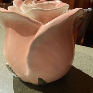 Vintage USA made pottery pink rose rosebud cookie jar canister